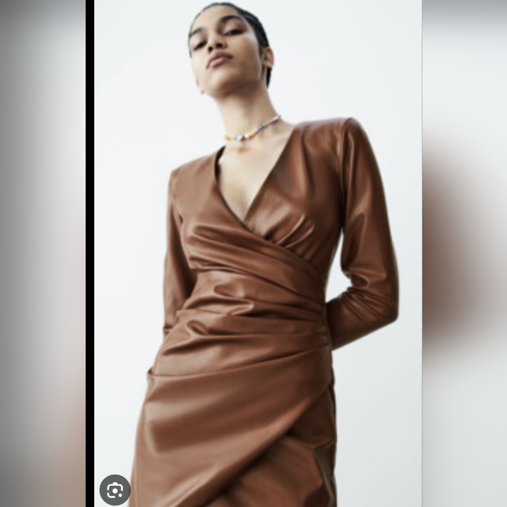 Zara Womans Brown Faux Leather Long Sleeve Size M Mini Dress With V Neck